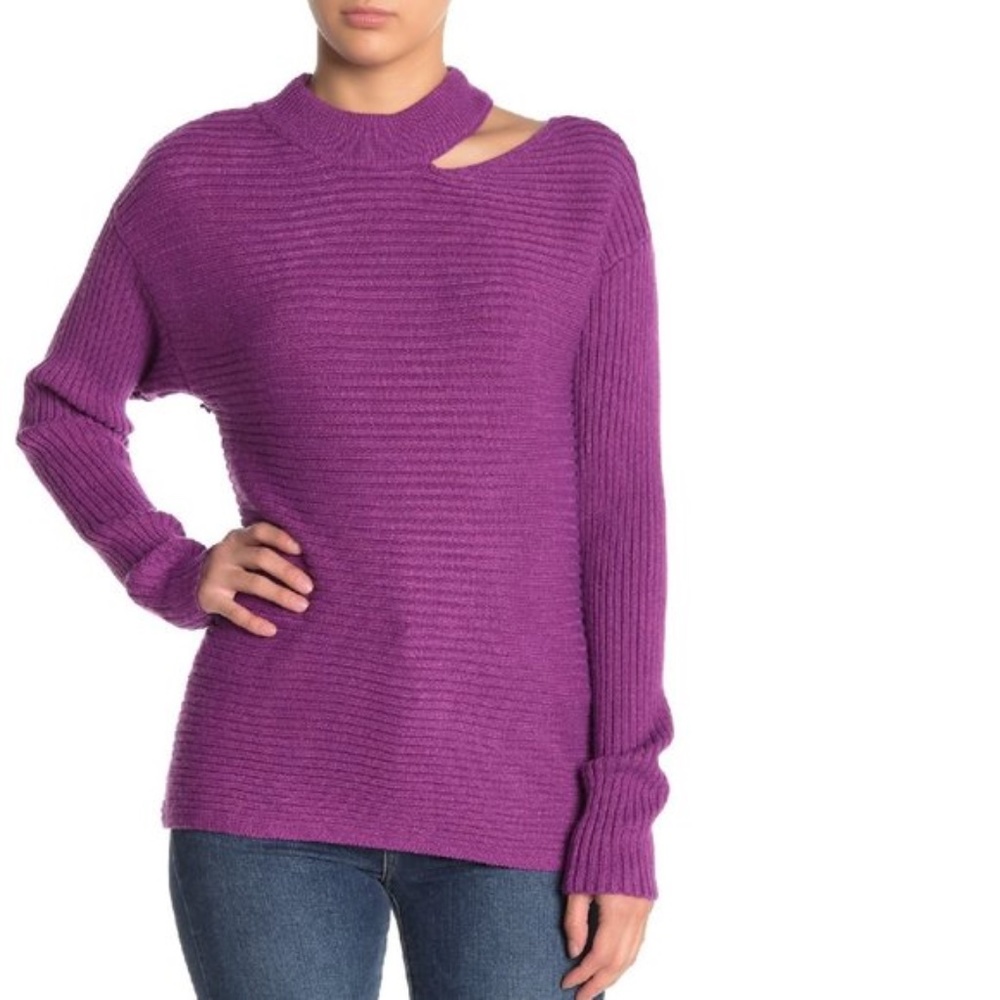 Dee Elly Cutout Shoulder Ribbed Knit Sweater